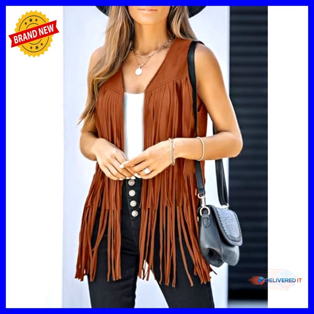 Fringe Vest Sleeveless Cowgirl Western Faux Suede Tassel Outerwear Retro Boho - Picture 3 of 7